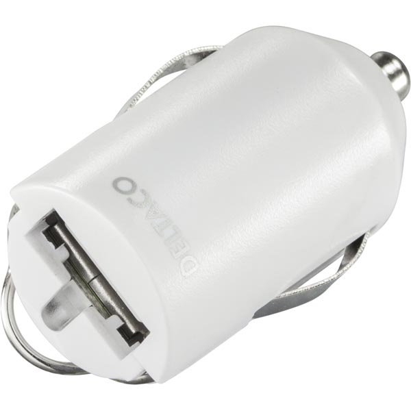 Deltaco USB Nano Car Charger, USB A Female, 2.1A, White